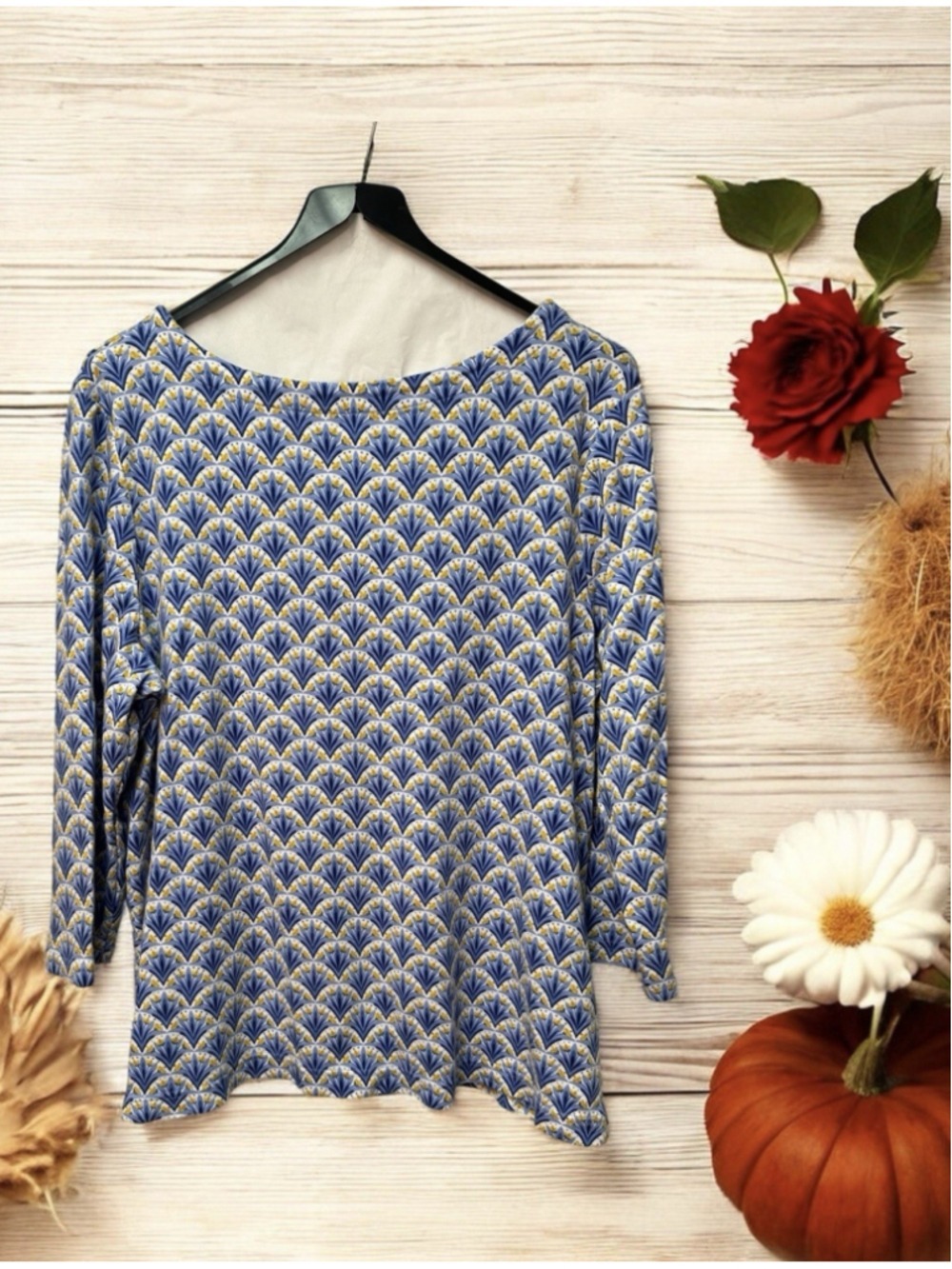 Croft & Barrow Cotton Floral Tee Shirt Blouse Womens XL Blue White 3/4 Sleeves